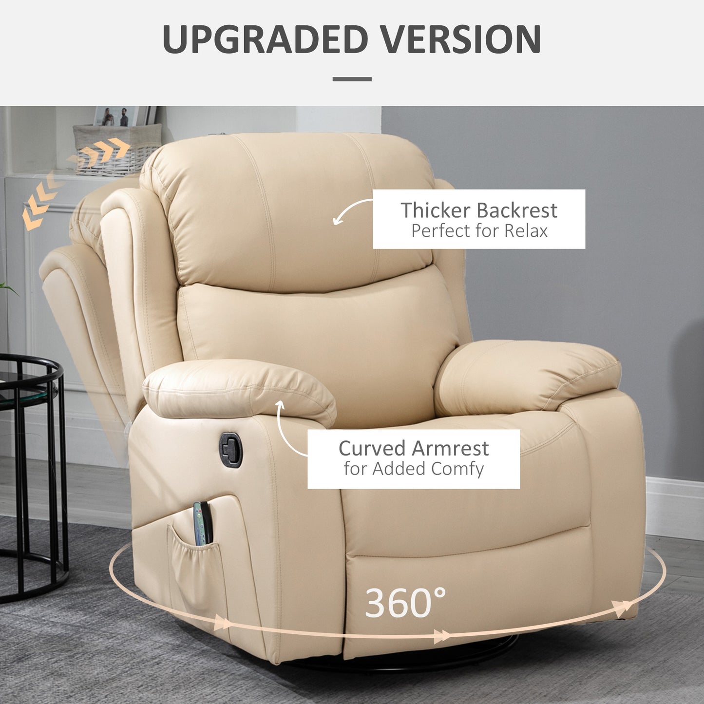 PU Leather Reclining Chair With 8 Massage Points And Heat, Manual Recliner With Swivel Base, Footrest And Remote, Beige