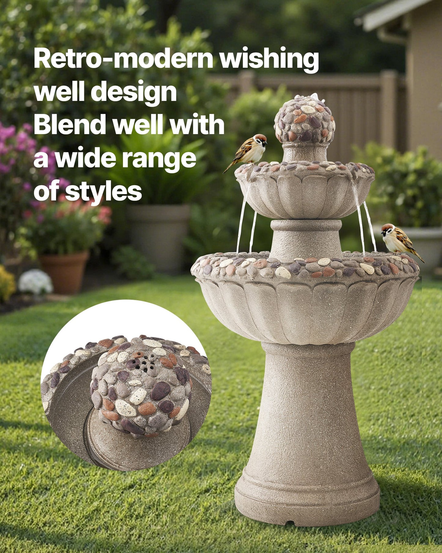 Two Tier Rock Base Outdoor Water Fountain Soothing Yard Decor