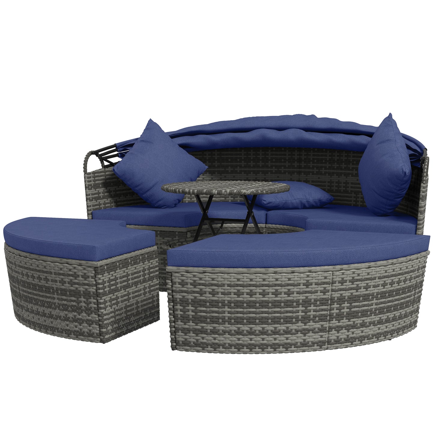 4 Piece Round Rattan Daybed Furniture Set, Canopy, Outdoor Sofa, 2 Chairs, Extending Table Ottoman Chair, Pillows, Blue