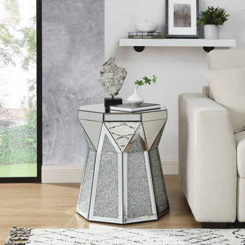 Drum Style Table With Mirror Crystal Inlay - Opulent Silver