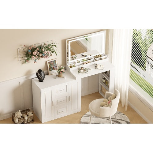 Vanity Desk With Mirror And Lights - Glam Dressing Table With Ample Storage White