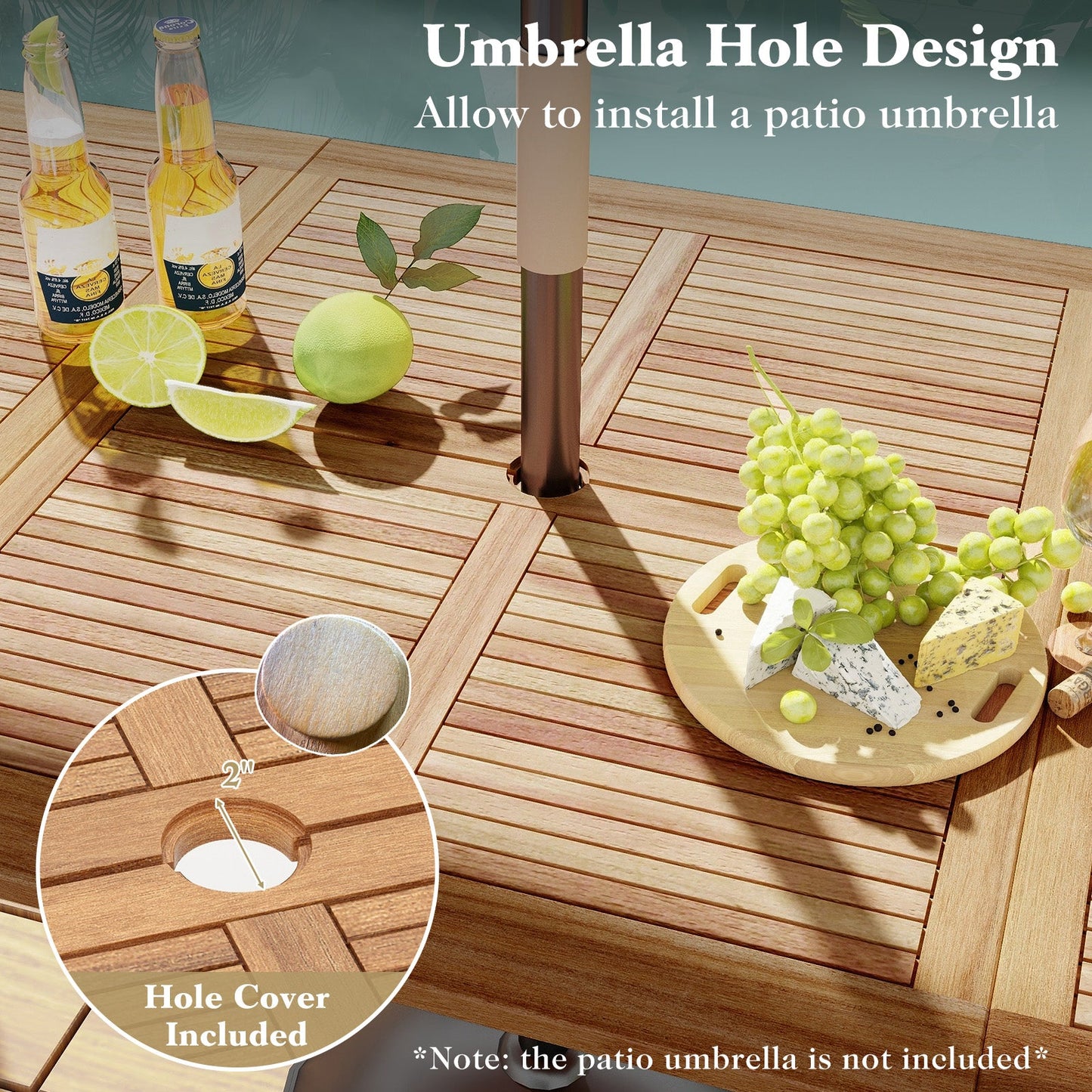 86.5 Inch Rectangular Patio Dining Table for 8 with Acacia Wood Tabletop and Umbrella Hole-86.5 inches