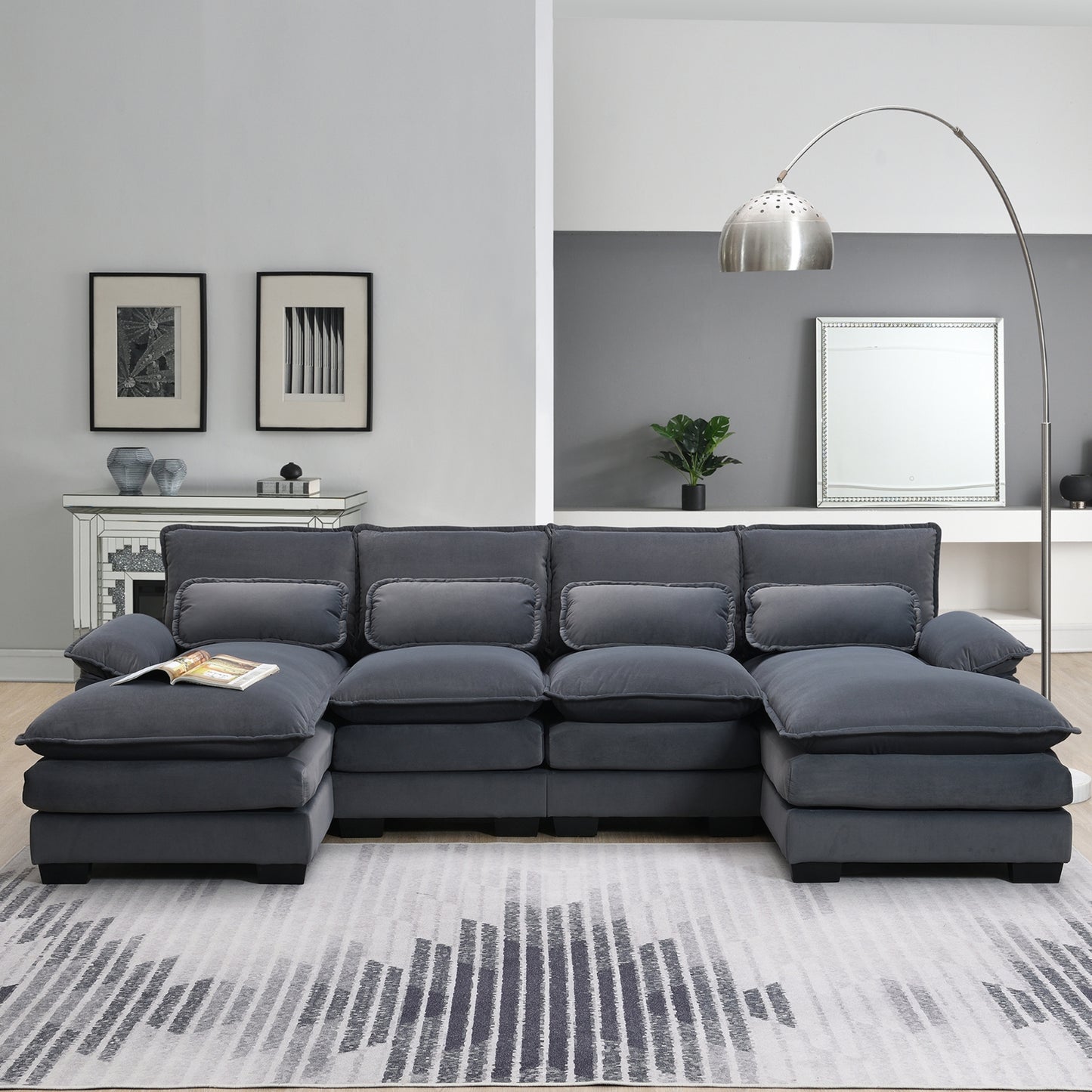 Enchanted Gray Velvet Luxe U Shaped Sectional Sofa With Waist Pillows