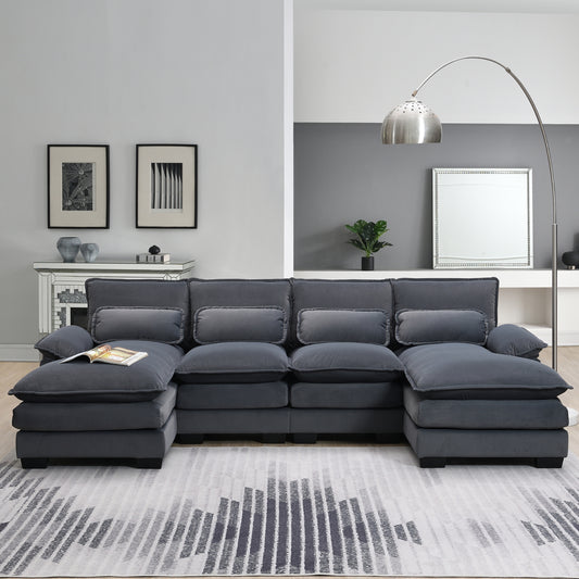 Enchanted Gray Velvet Luxe U Shaped Sectional Sofa With Waist Pillows