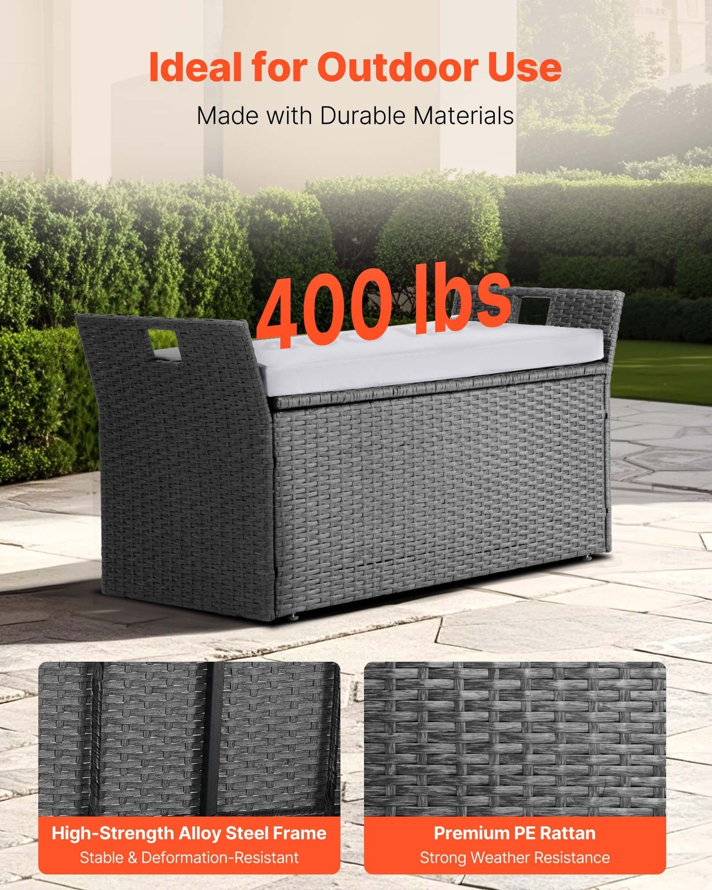 Pneumatic Lift Outdoor Waterproof PE Rattan Storage Bench 40Gal