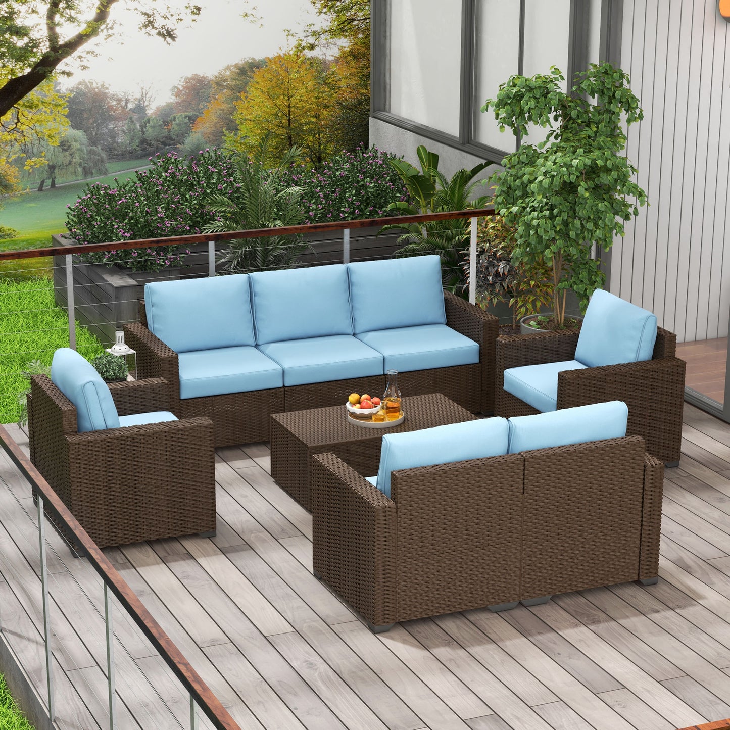 Patio Furniture Set, Cushions, Sofa, Loveseat, Storage Table, Blue