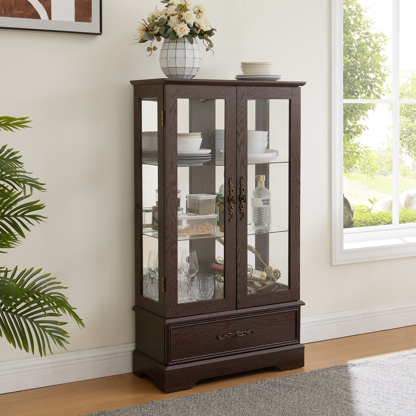 Glass Cabinet Lighted Glass Cabinet Curio Display Cabinet With Adjustable Glass Shelves 2 Doors And 1 Drawer Cabinet Bulb Included Cherry