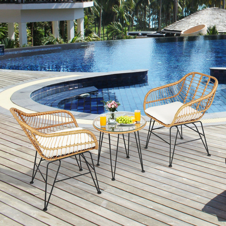 3 Pieces Rattan Furniture Set With Cushioned Chair Table -