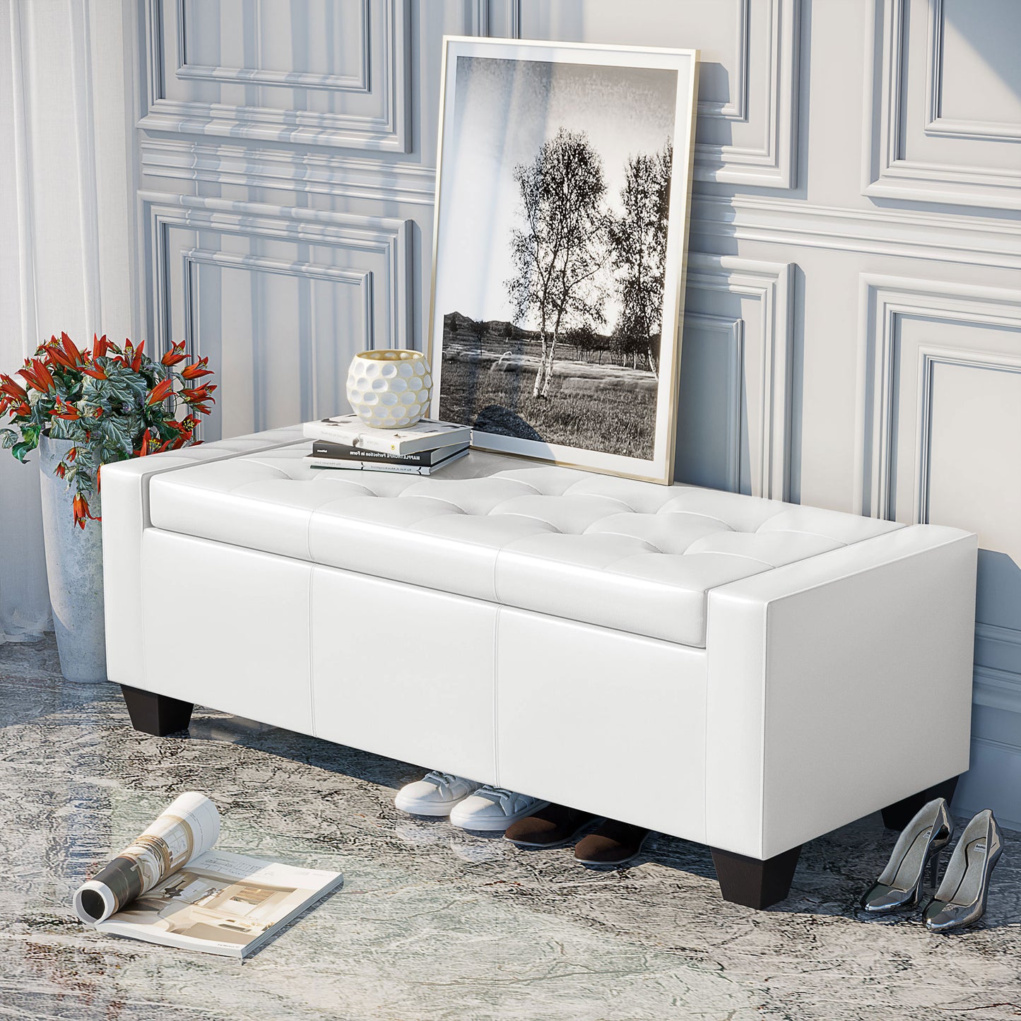 50.5" Faux Leather Rectangular Tufted Storage Ottoman for Living Room, Entryway, or Bedroom, White