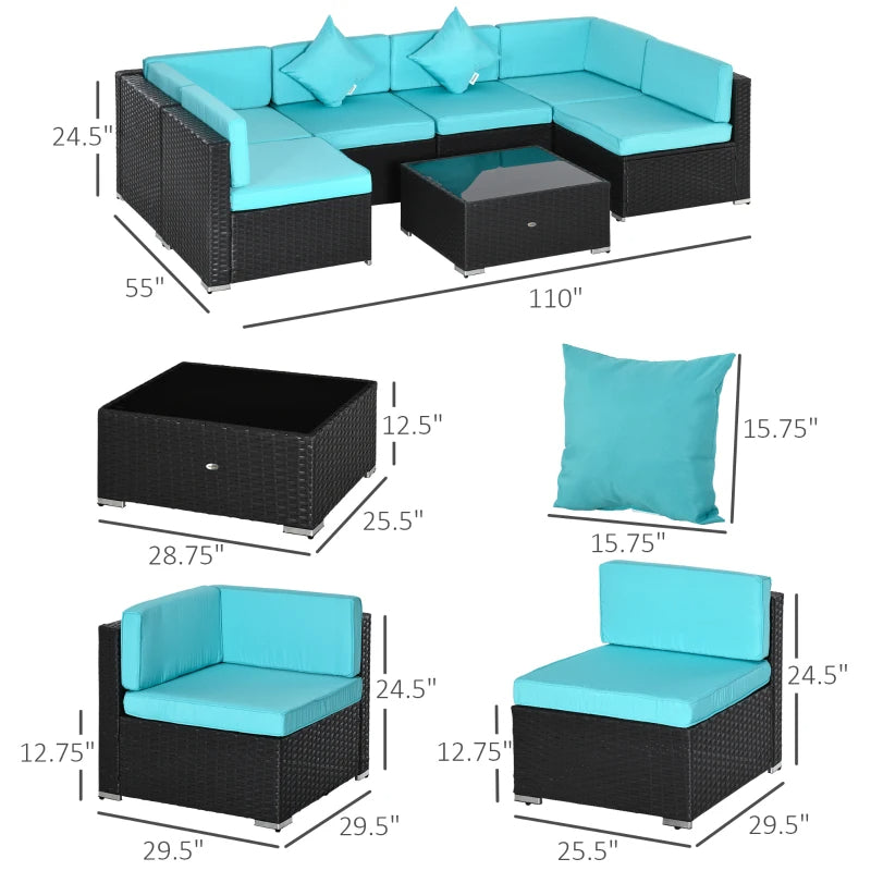 7-Piece Patio Furniture Set, Outdoor Wicker Conversation Set, All Weather PE Rattan Sectional Sofa Set With Cushions And Tempered Glass Top Coffee Table, Pillows, Turquoise