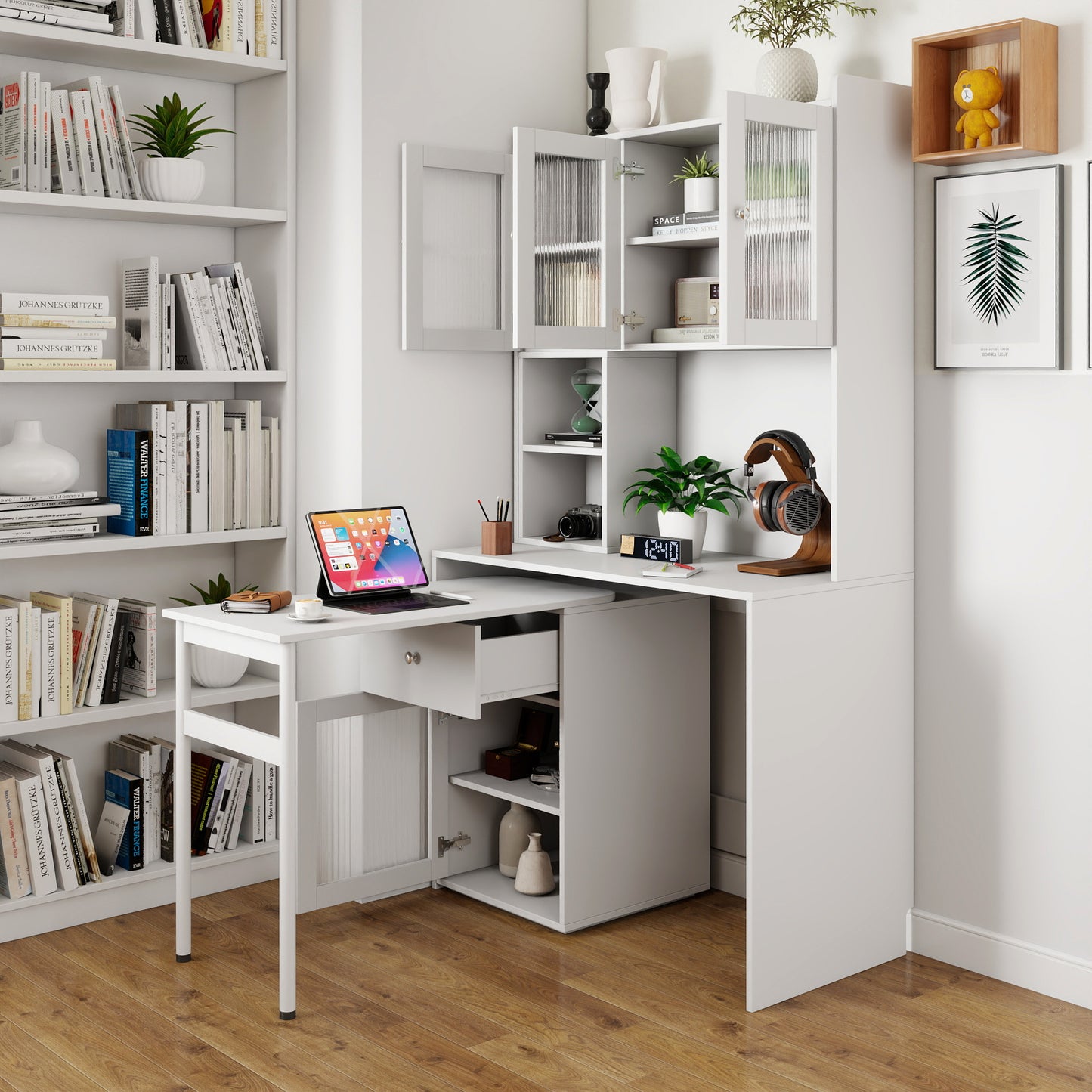 Computer Desk With Glass Door For Home Office Or Study Desk,  Bookshelf & Hutch, Computer Desk With 90 Degree Rotating Desktop,Large Working Space