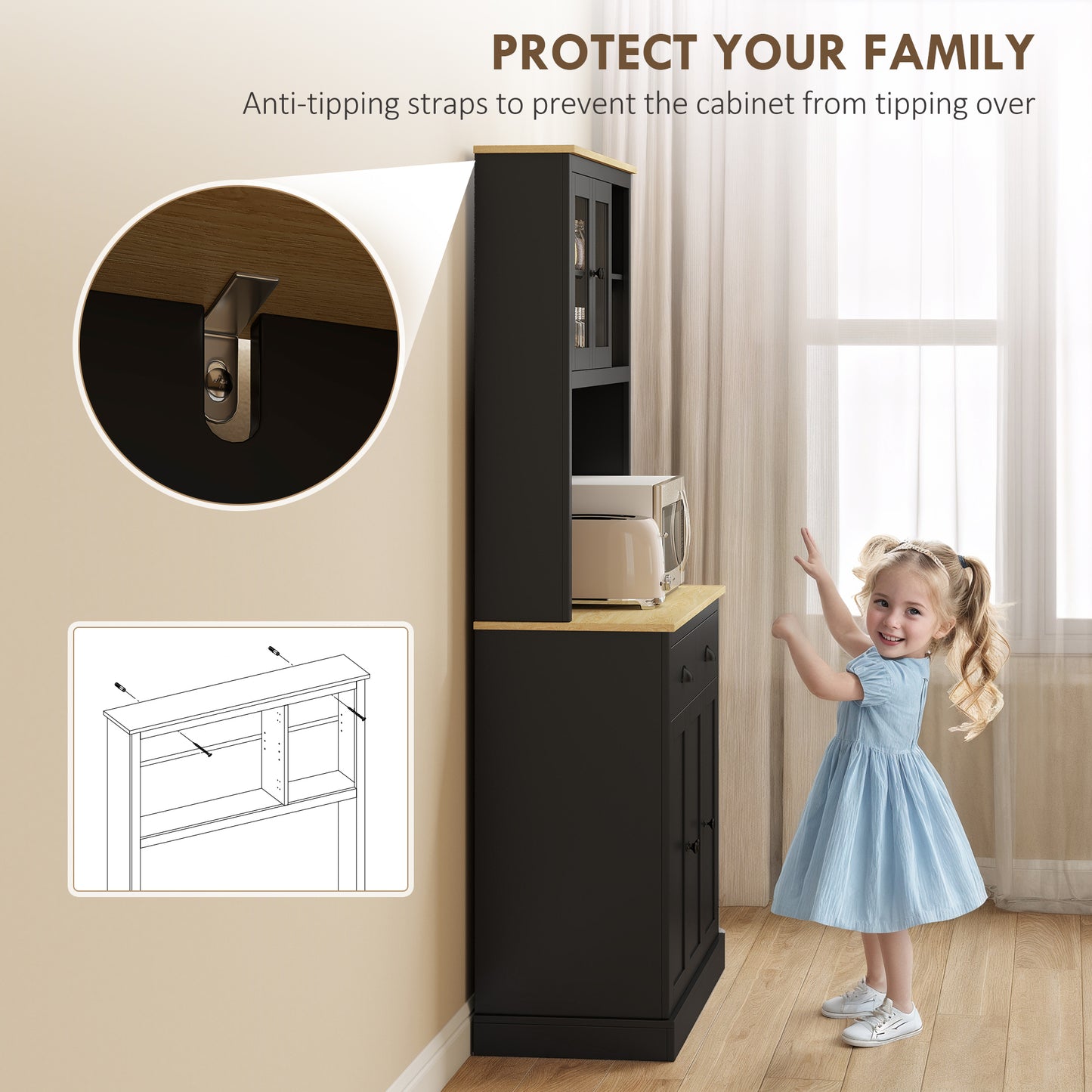 Freestanding Kitchen Cabinet, 71" Tall Pantry Cabinet, Modern Hutch with Wide Countertop, Adjustable Shelves, Black