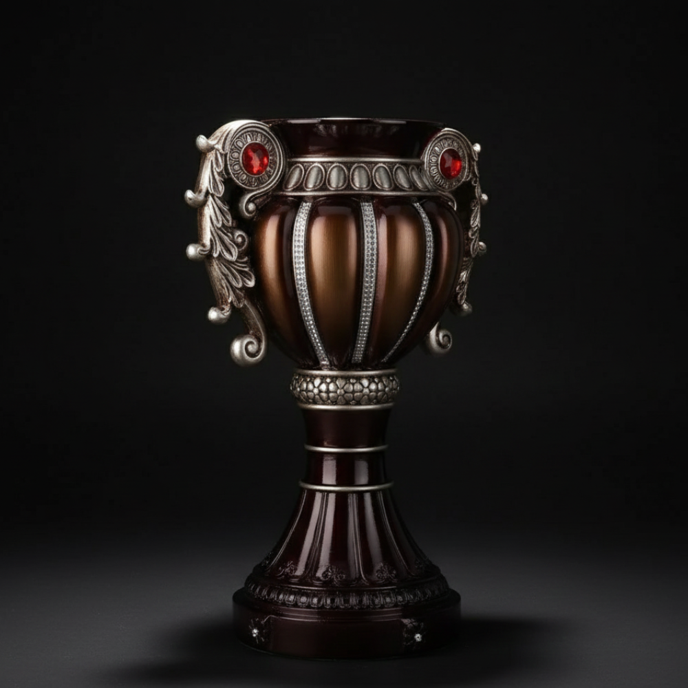 17.5" Tall Delicata Bronze & Silver Urn Vase Ornate Vintage Style Centerpiece with Red Gem Accents