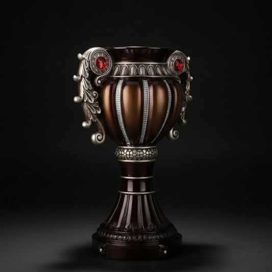 17.5" Tall Delicata Bronze & Silver Urn Vase Ornate Vintage Style Centerpiece with Red Gem Accents