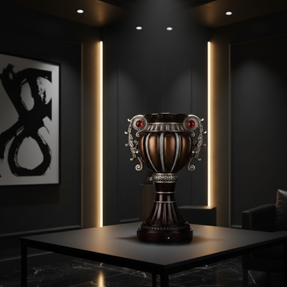 17.5" Tall Delicata Bronze & Silver Urn Vase Ornate Vintage Style Centerpiece with Red Gem Accents