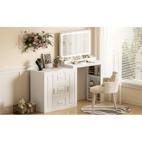 Vanity Desk With Mirror And Lights - Glam Dressing Table With Ample Storage White
