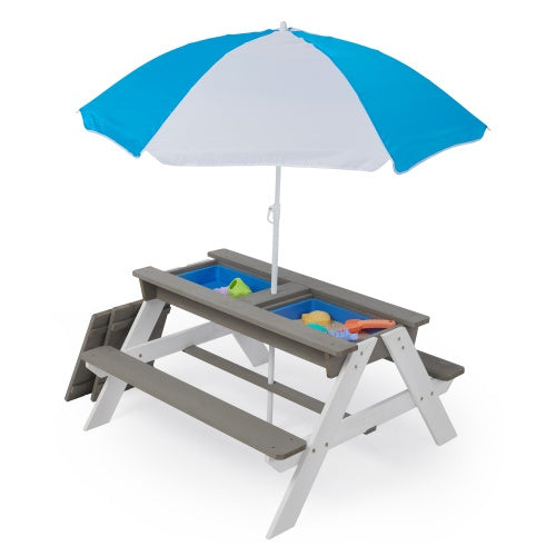 3-In-One Kids Outdoor Wooden Picnic Table With Umbrella Sand Water