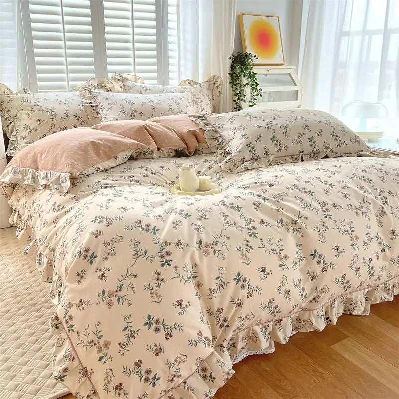Bonenjoy Pink Color Duvet Cover with Ruffles 100%Cotton Flower Printed housse de couette for Girls Pure Cotton Bed Cover King