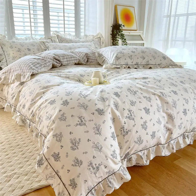 Bonenjoy Pink Color Duvet Cover with Ruffles 100%Cotton Flower Printed housse de couette for Girls Pure Cotton Bed Cover King