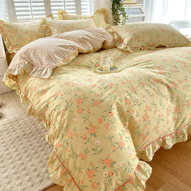 Bonenjoy Pink Color Duvet Cover with Ruffles 100%Cotton Flower Printed housse de couette for Girls Pure Cotton Bed Cover King