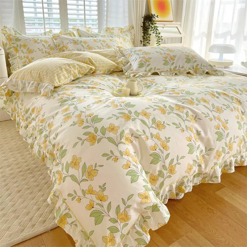 Bonenjoy Pink Color Duvet Cover with Ruffles 100%Cotton Flower Printed housse de couette for Girls Pure Cotton Bed Cover King