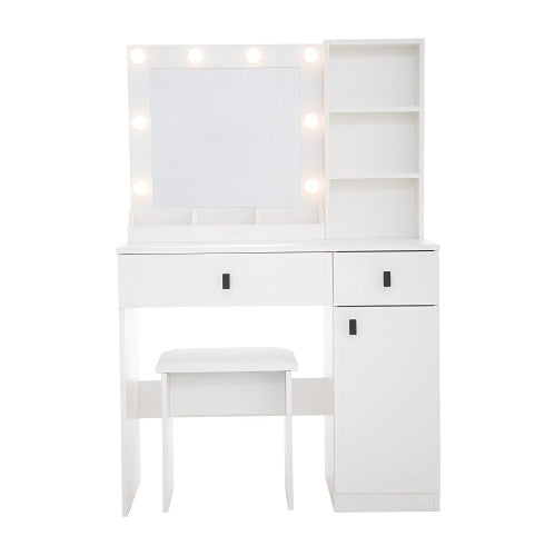 Vanity Desk With Lights - Mirror Set, Three-Level Storage Dresser, Adjustable Brightness, White