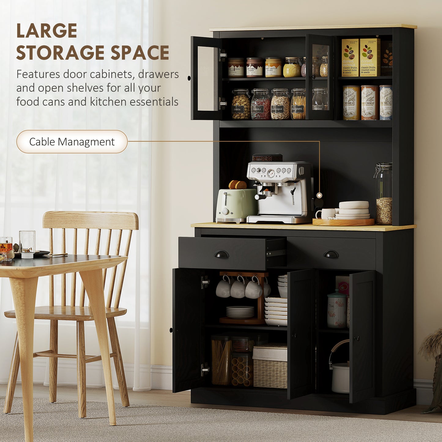 Freestanding Kitchen Cabinet, 71" Tall Pantry Cabinet, Modern Hutch with Wide Countertop, Adjustable Shelves, Black