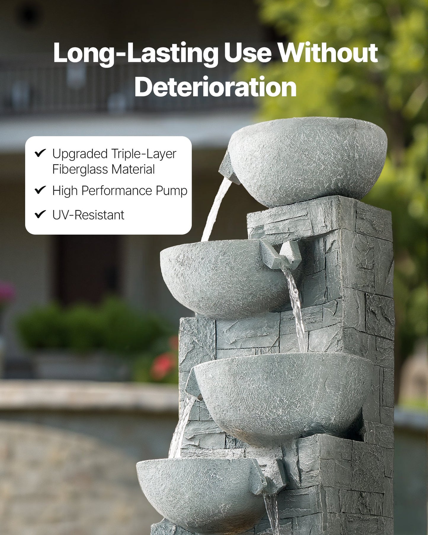 Compact Outdoor Five Tier Cascading Water Fountain With Lime Gray Finish