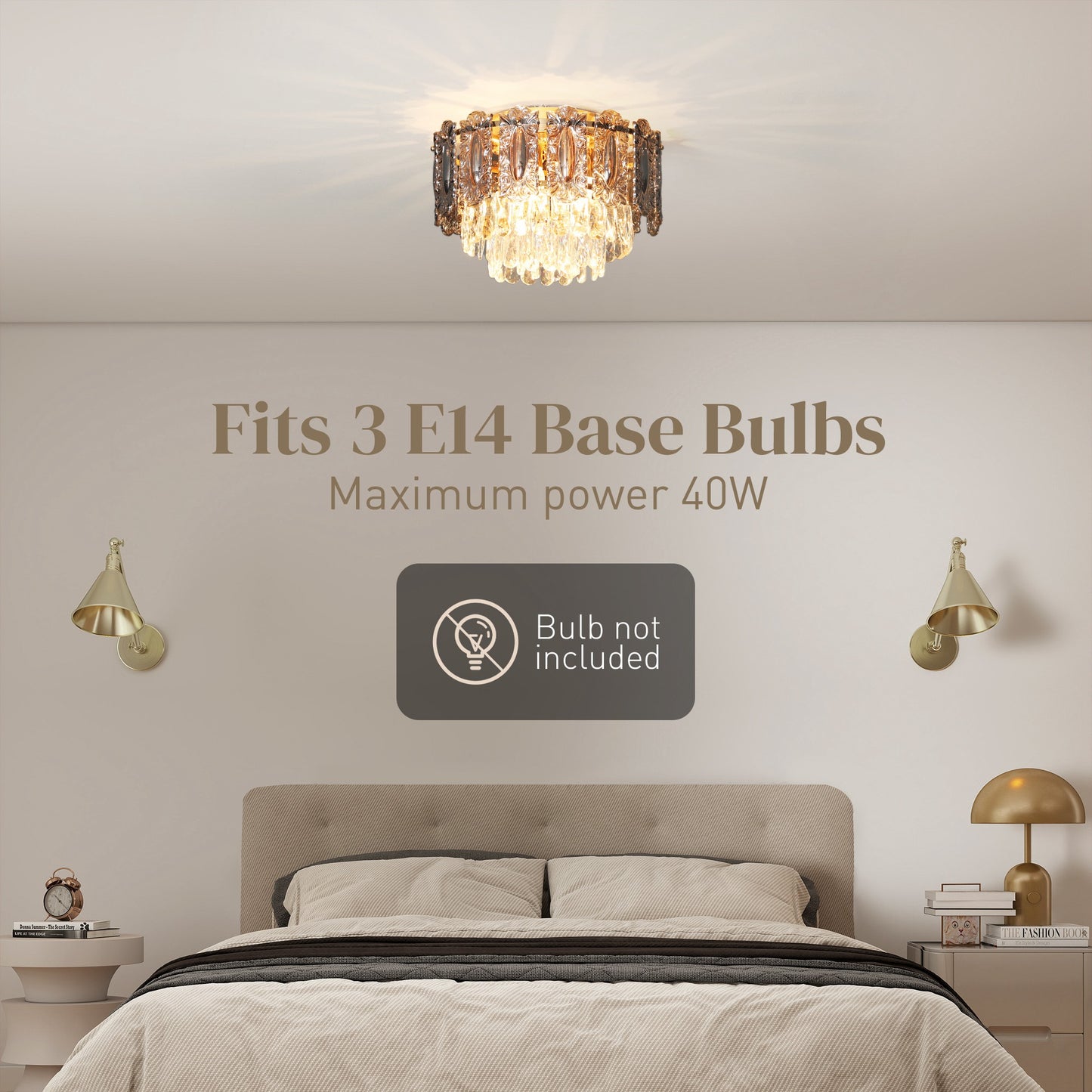 Chandelier Ceiling Light, 3-Light Vintage Flush Mount Fixture With Dual Crystal And Smoke Glass Shade, LED Ceiling Light For Living Room Bedroom, 3 E27 Sockets, Bulbs Not Included, Gold Tone