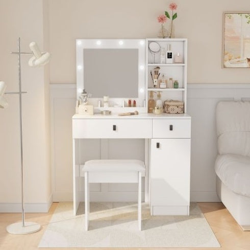 Vanity Desk With Lights - Mirror Set, Three-Level Storage Dresser, Adjustable Brightness, White