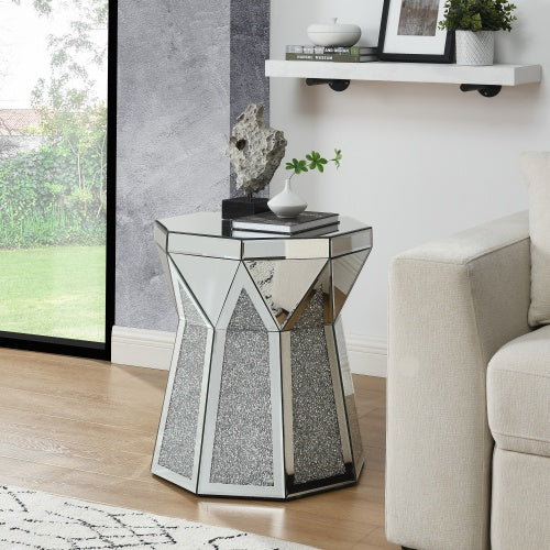 Drum Style Table With Mirror Crystal Inlay - Opulent Silver