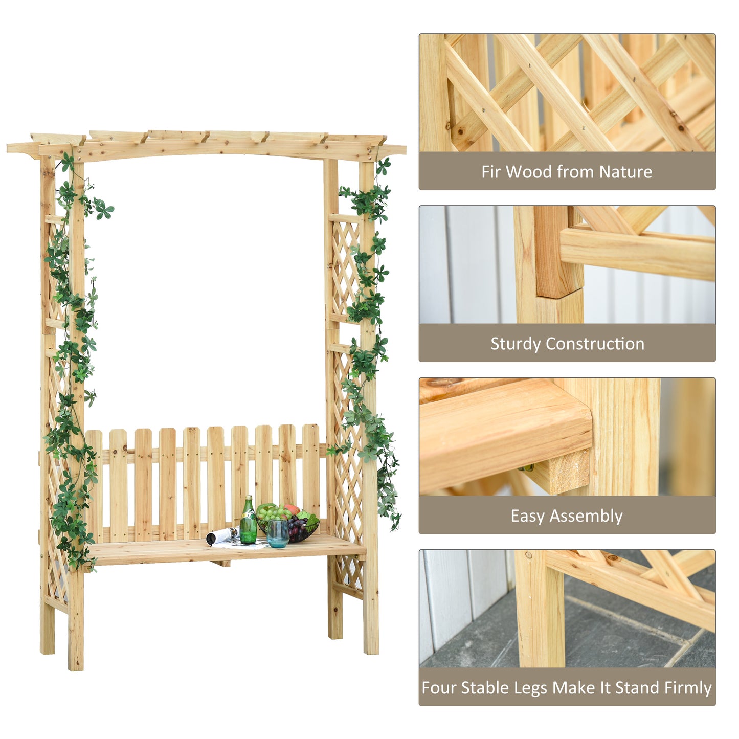 Garden Bench Arch Pergola Natural Fir Wood Protective Varnish 2 Person Ergonomic Design