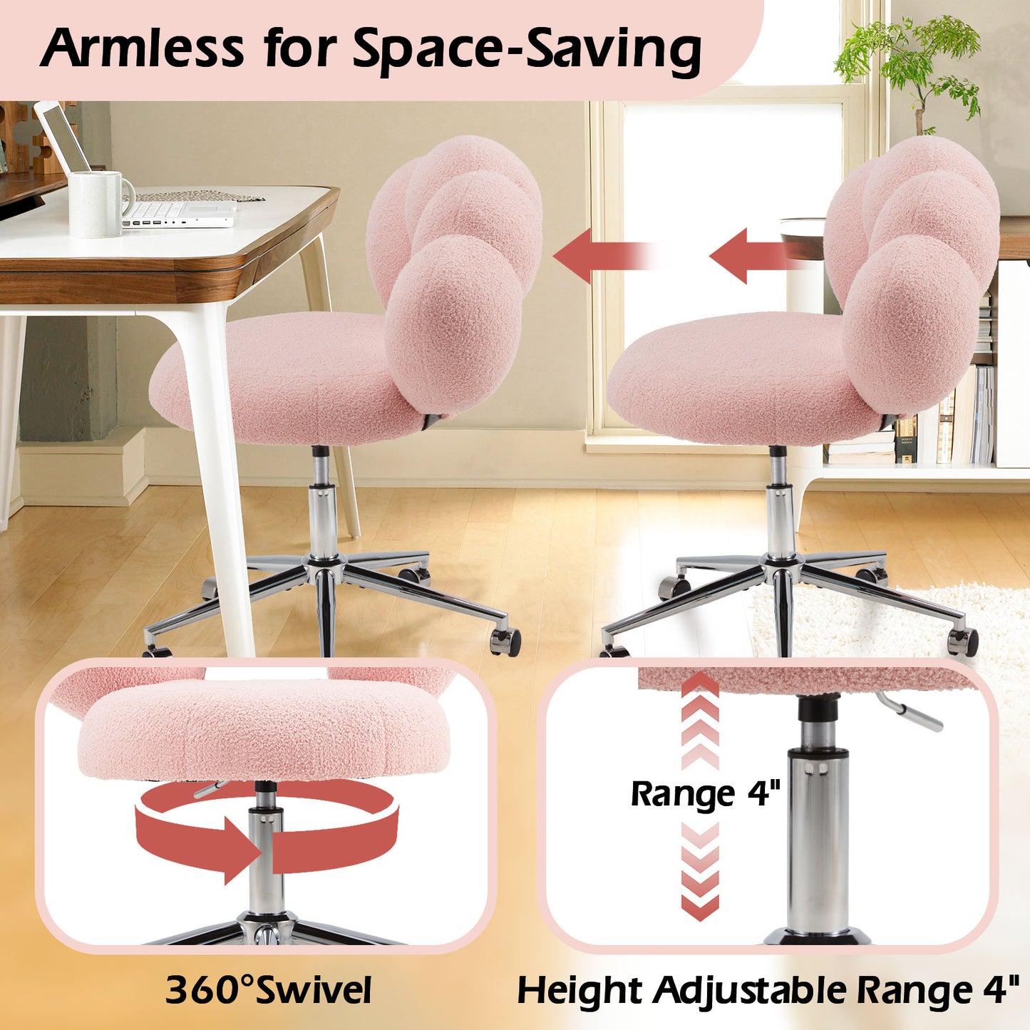 Armless Teddy Fabric Vanity Desk Chair With Wheels