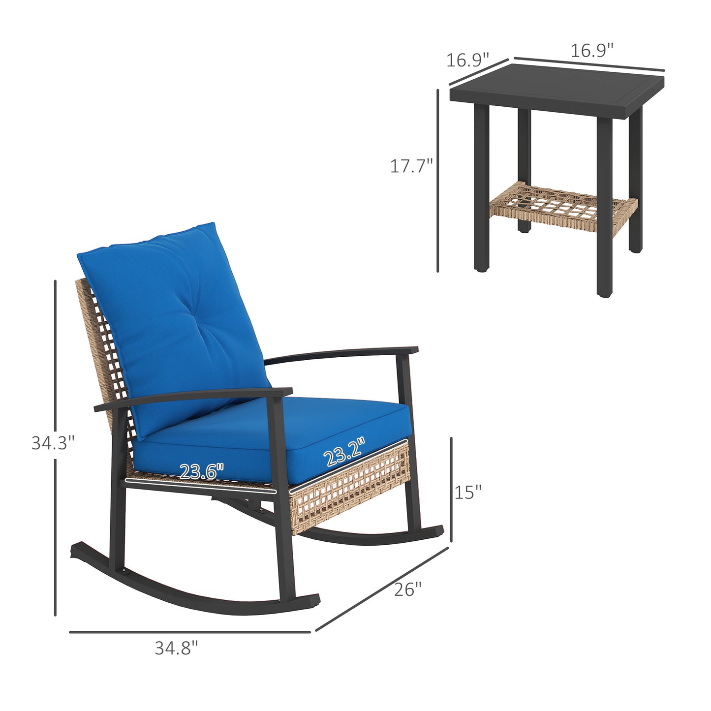 3 Pieces Bistro Set, Patio Wicker Furniture Set With Button Tufted Cushions, Rattan Rocking Chairs, Coffee Table, Blue