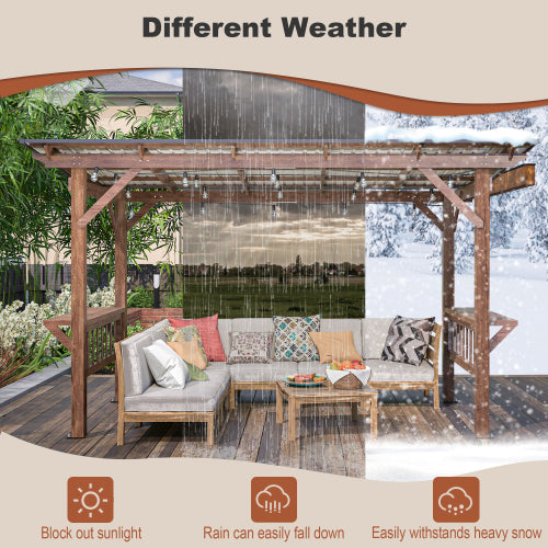 13' X 6.5' Wooden Pergola Grill Gazebo With Metal Roof & Bulbs & Bar Counters