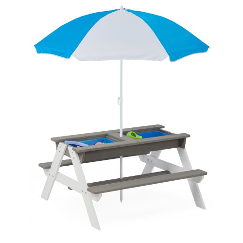 3-In-One Kids Outdoor Wooden Picnic Table With Umbrella Sand Water
