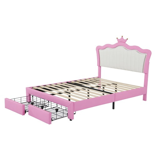 Full Size Upholstered Bed Frame With LED Lights, Modern Upholstered Princess Bed With Crown Headboard, 2 Drawers