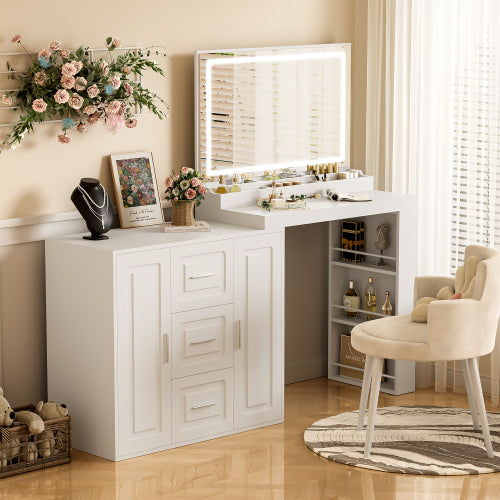 Vanity Desk With Mirror And Lights - Glam Dressing Table With Ample Storage White