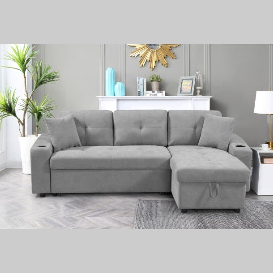 Elegant Light Grey Convertible Sectional With Armrest Storage