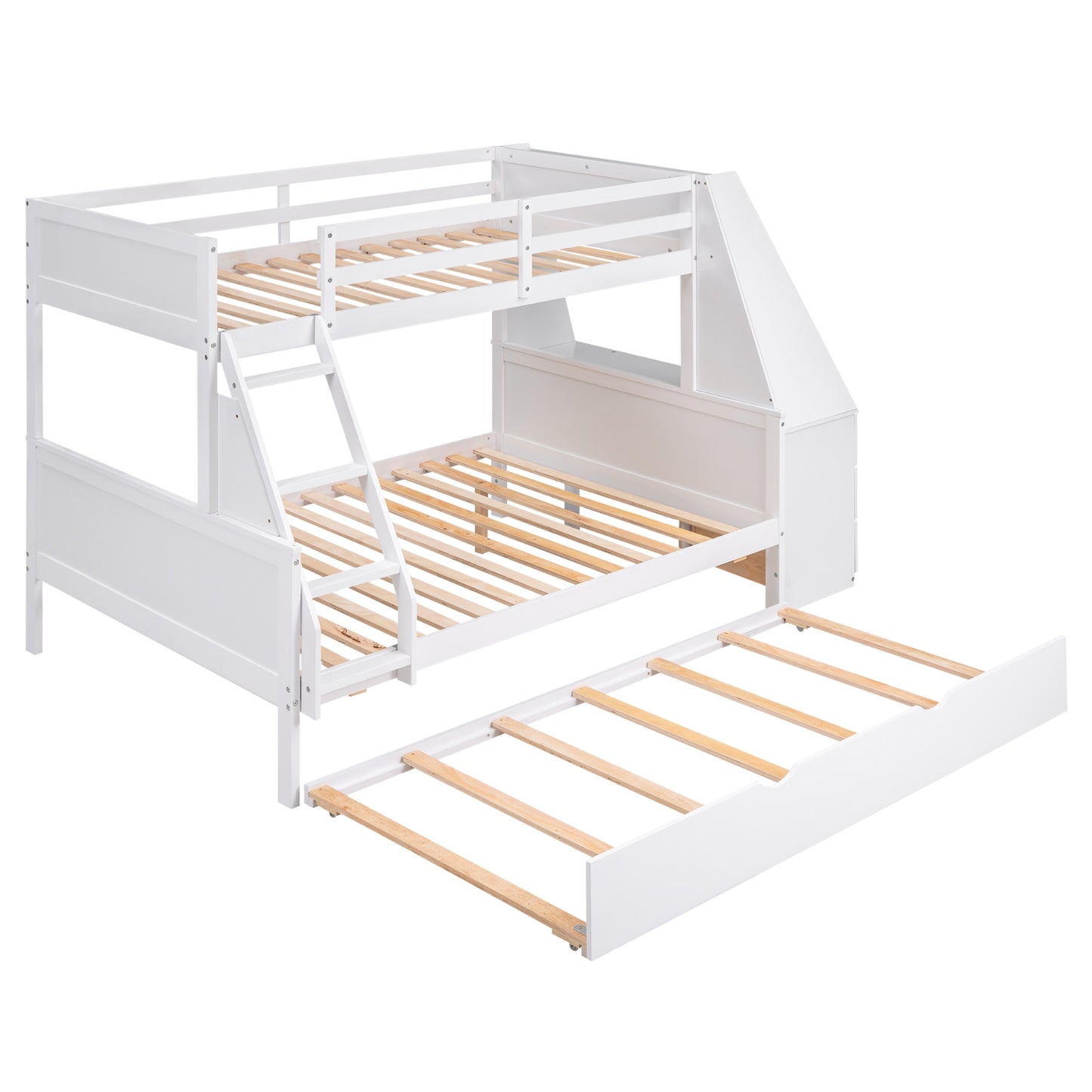 Twin Full Bunk Bed W  Trundle, Desk, 3 Drawers   Shelf - White
