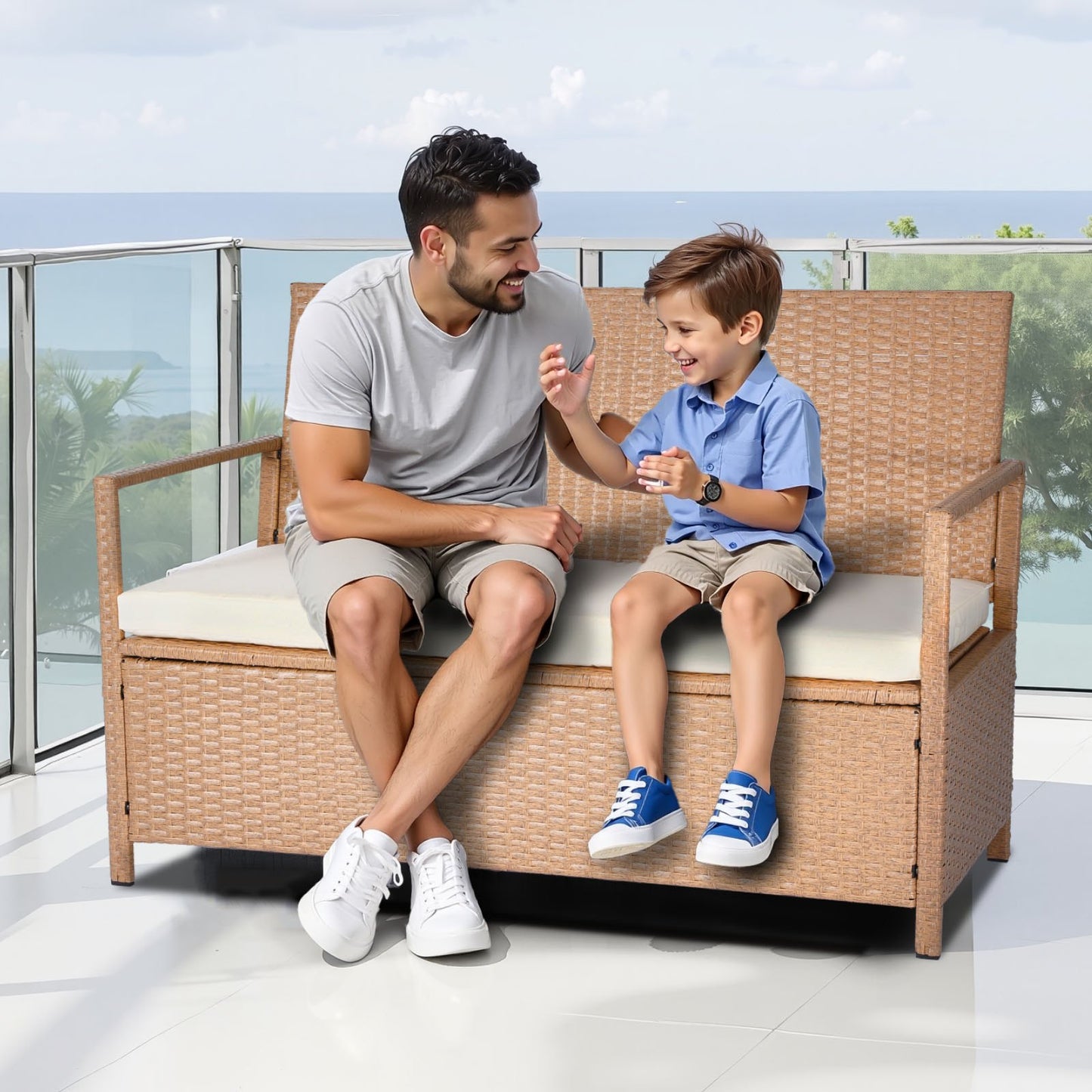 Outdoor PE Rattan Storage Bench With Pneumatic Lift Seats Two