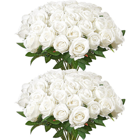 60 Pcs White Roses Artificial Flowers Realistic Bouquet For Xmas Home Decor