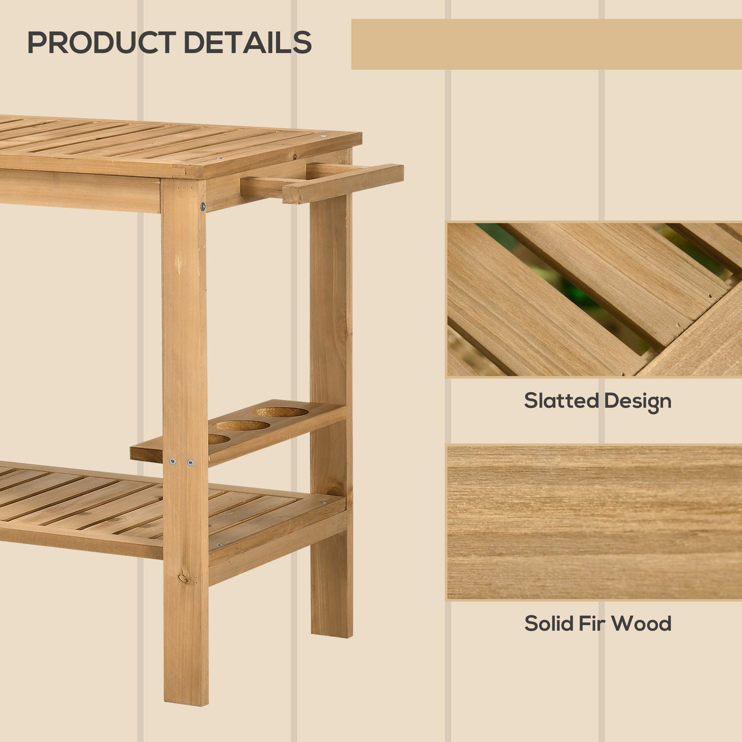 Outdoor Bar Cart, Wood Rolling Home Bar & Serving Cart with 2 Shelves, Wine Bottle Holders for Garden, Dining Room, Natural