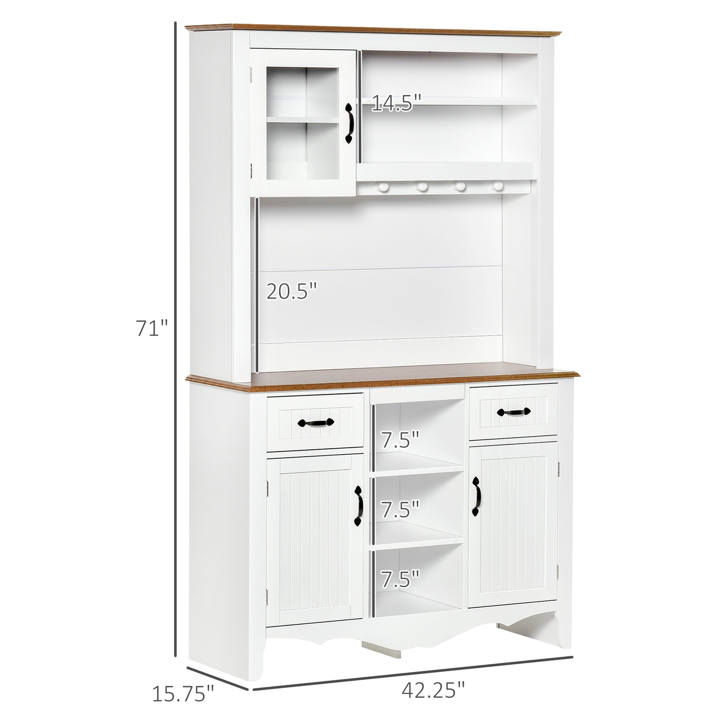 Farmhouse 71" Kitchen Buffet with Hutch, Storage Cabinet with Drawers and Shelves, White