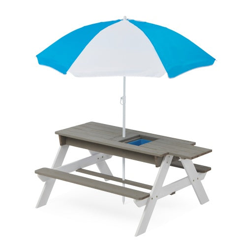 3-In-One Kids Outdoor Wooden Picnic Table With Umbrella Sand Water