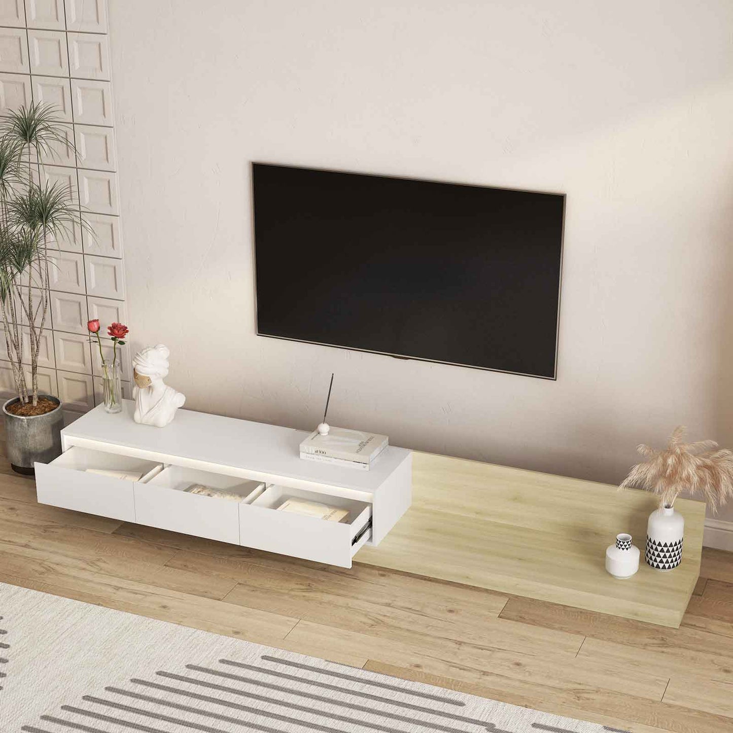 Modern Extendable TV Stand With LED Lights Wooden Entertainment Center And Media Cabinet With Storage Space Suitable For Living Room And Bedroom White