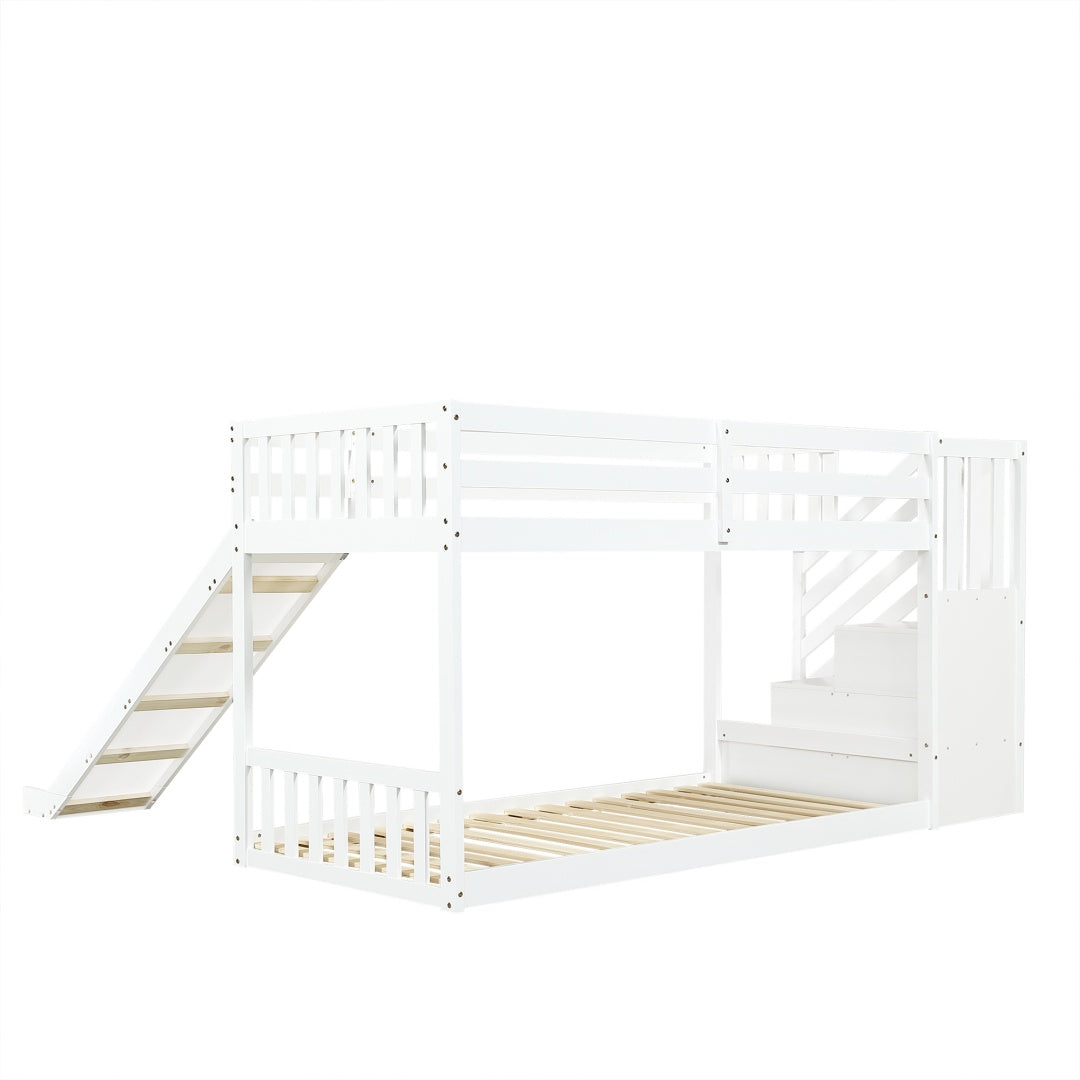 Bunk Bed With Stairs And Slide, Solid Pine Wood Frame, Children Bed, Storage Stairs, 90x190cm, White
