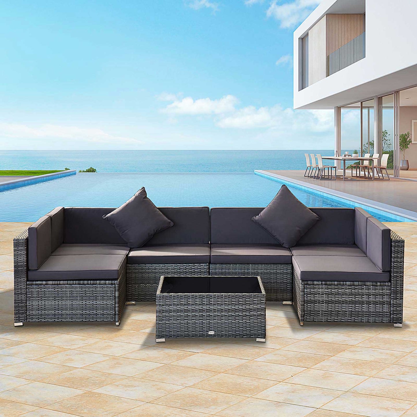 7 Piece Wicker Patio Set -  Sectional With Cushions And Tempered Glass Table Gray