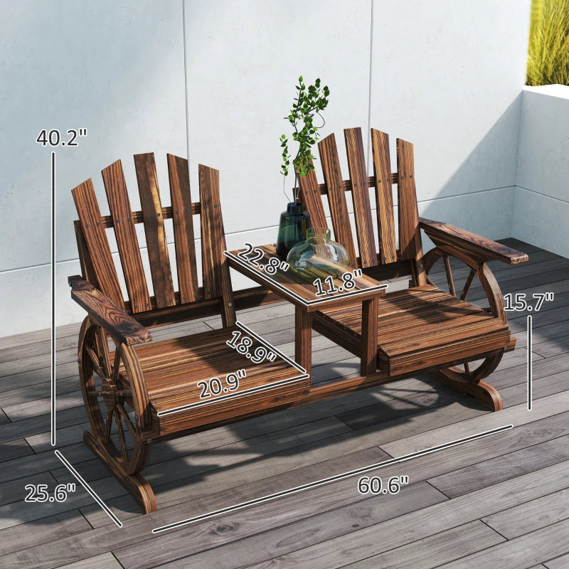 2-Seat Wooden Garden Bench With Table, Umbrella Hole, High Backrest, Armrests For Backyard, Patio, Garden, Carbonized