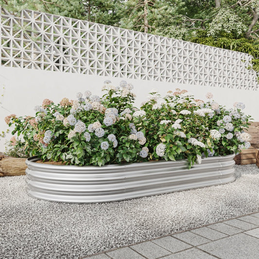 Elegant Oval Metal Raised Garden Bed In Silver For Plants And Flowers